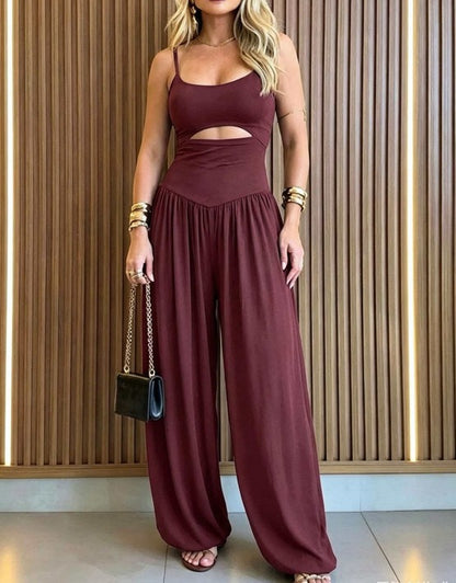 Women's Cut-out Waist Cami Jumpsuit Backless Tie-Back Lantern Romper Ruched High Waist Summer Jumpsuit