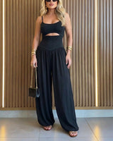 Women's Cut-out Waist Cami Jumpsuit Backless Tie-Back Lantern Romper Ruched High Waist Summer Jumpsuit