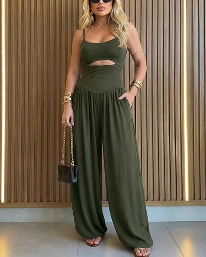 Women's Cut-out Waist Cami Jumpsuit Backless Tie-Back Lantern Romper Ruched High Waist Summer Jumpsuit