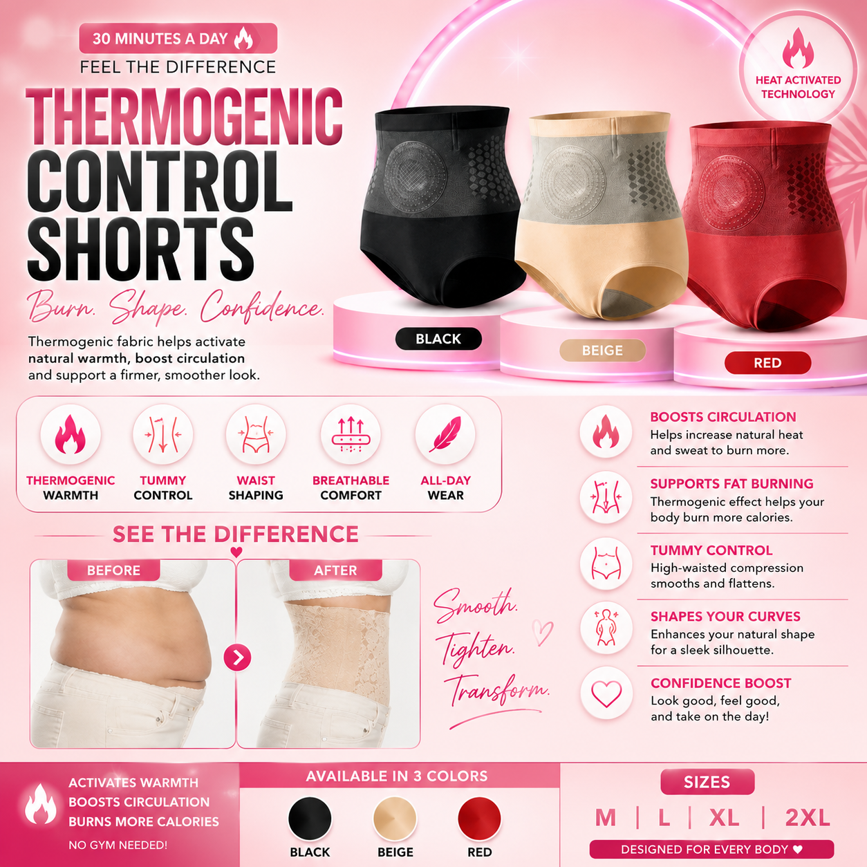 Thermogenic Tummy Control Shorts – 30‑min daily wear, activates warmth & boosts circulation. Supports firmer, smoother contour. No gym needed.